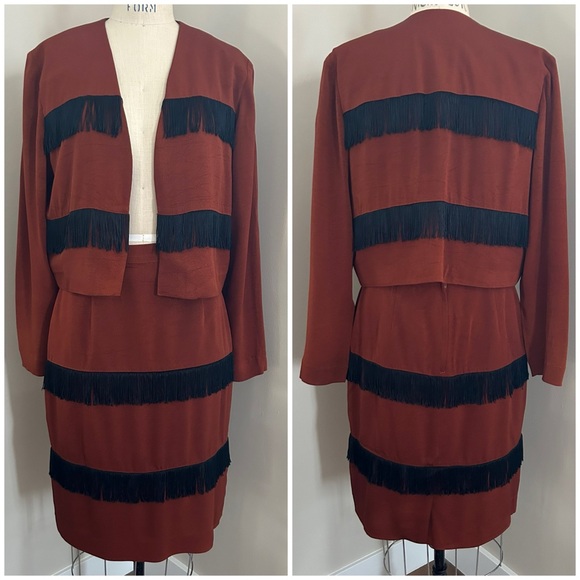VTG 90s Nicole Miller Skirt Suit Rayon Brown Black Fringe Maximalism Sz 10